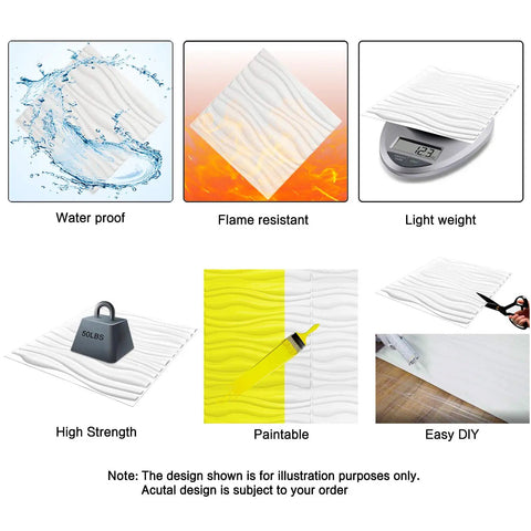 Features of Textured 3D PVC Wave Wall Panels Matte White 19.7 Inch Square Tiles 12 Pack for Living Room Bedroom Kitchen Backdrop