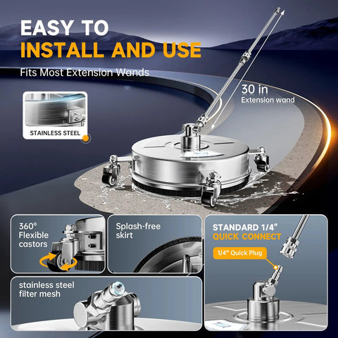 14-Inch Stainless Steel Pressure Washer Surface Cleaner with 4 caster wheels and extension wands on pavement