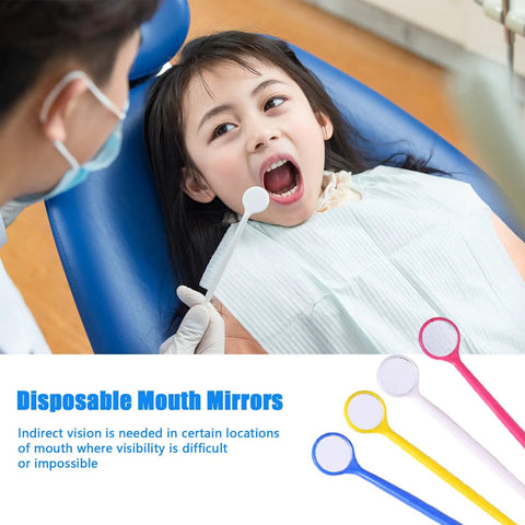 Disposable Plastic Dental Mirrors Set For Teeth Inspection, 40 Curved Angled Mouth Mirrors In Four Colors White Yellow Pink Blue, lightweight oral exam tool shown during child dental check.