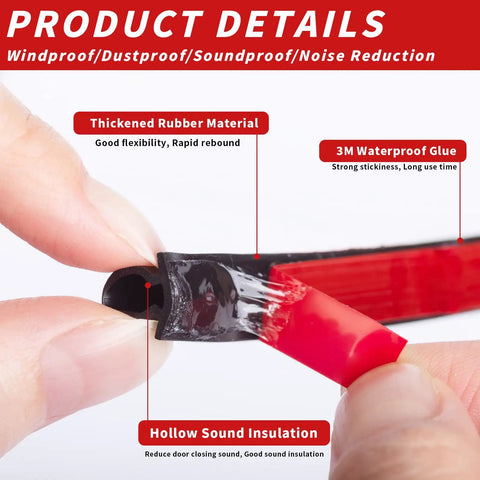 Close-up of 40 Feet Rubber Weather Stripping Door Seal Strip Self Adhesive D Shape showcasing rubber, 3M glue, and insulation features.