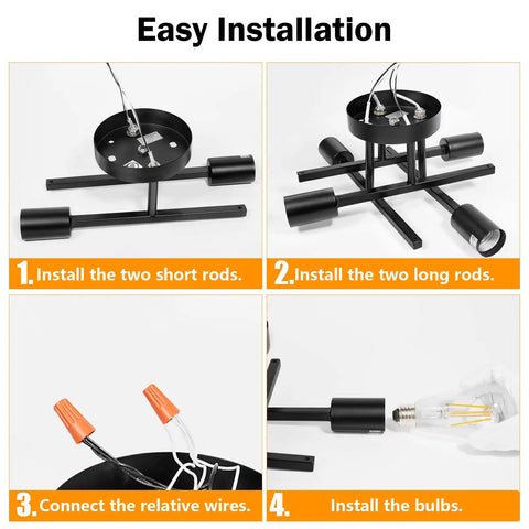Installation steps for Industrial Dope 4 Light Flush Mount Ceiling Fixture In Black, Modern Farmhouse Chandelier Style, 2 Pack