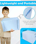 Kid holding Kid Friendly Toy Car Garage Organizer Box With Foldable Play Mat For Easy Cleanup And Playtime, shows dimensions.