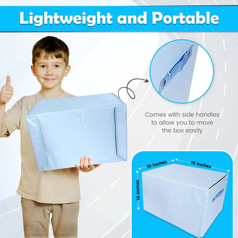 Kid holding Kid Friendly Toy Car Garage Organizer Box With Foldable Play Mat For Easy Cleanup And Playtime, shows dimensions.