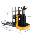 Built Tough Full Electric Pallet Truck Powers Through 5500 Lbs On The Regular With Side Standing Platform, 48x27 inches, detailed dimensions shown.