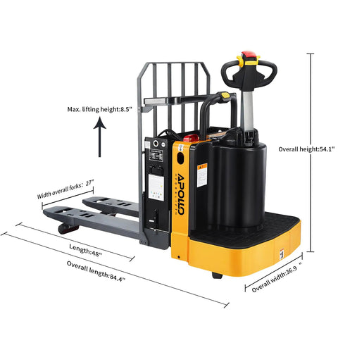 Built Tough Full Electric Pallet Truck Powers Through 5500 Lbs On The Regular With Side Standing Platform, 48x27 inches, detailed dimensions shown.