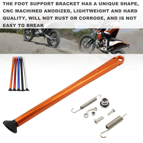 Orange Dirt Bike Kickstand Foot Side With Spring For KTM XC XCW XCF XCFW EXC EXCF EXCR Models, close-up view with accessories