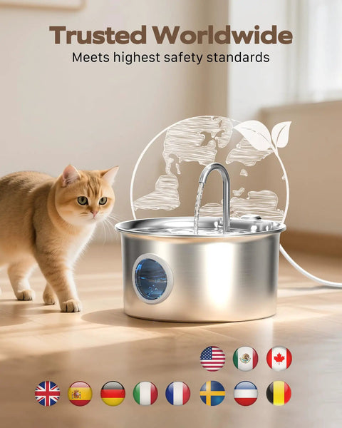 Cat near Stainless Steel Cat Water Fountain 88oz 2.6L Quiet Indoor Pet Water Dispenser For Cats And Small Animals