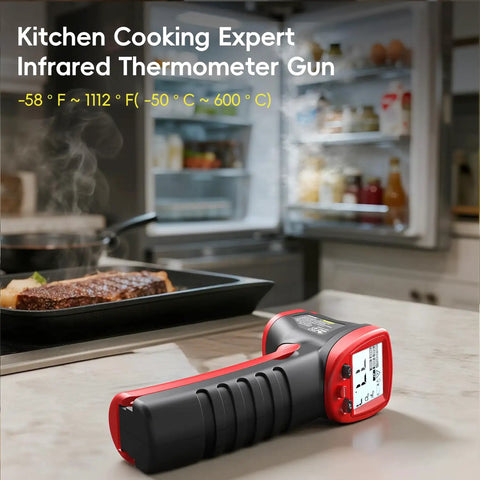 Infrared Temperature Gun For Cookin And Grillin With Adjustable Emissivity in modern kitchen with oven and steak