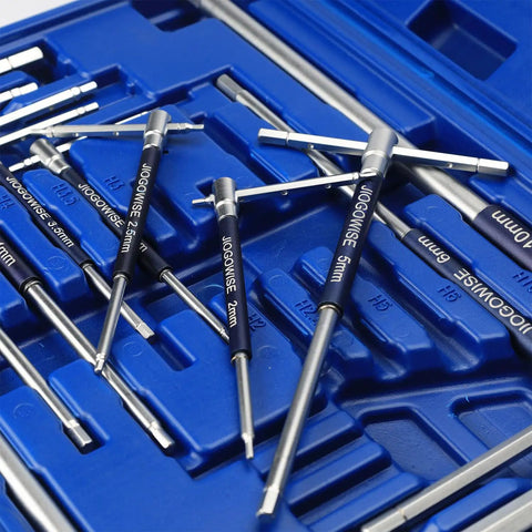 10 Piece Metric 3 Way T Type Hex Wrench Set With Sliding Top And Detent Ball Lock Converts To L Shape in blue carry case