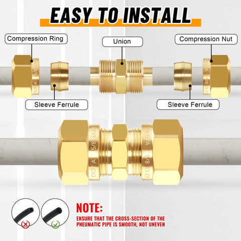 Brass compression air brake fittings kit with unions, sleeves, and nuts for 1/4–5/8 in nylon tubing