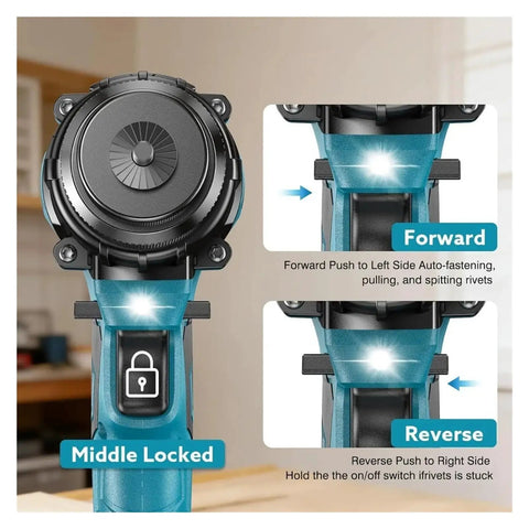 All In One 3-In-1 Cordless Rivet Gun Kit With Brushless Motor Auto Riveting Tool Set focusing on forward and reverse functions.
