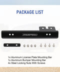Rugged 6061 Billet Aluminum Front Bumper License Plate Relocator Bracket Mount Bar package contents with mounting hardware.