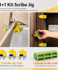 Nail It Scribe Jig Tool Kit With Three Precision Profile Guides And One Adjustable Pencil Scribe Block For Slick Kitchen Filler Cuts And Smooth Wardrobe Installations, showcasing 3 yellow scribe tools and 1 green adjustable scribe tool.