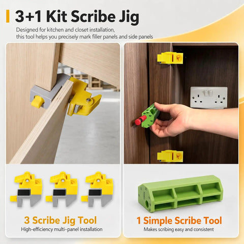 Nail It Scribe Jig Tool Kit With Three Precision Profile Guides And One Adjustable Pencil Scribe Block For Slick Kitchen Filler Cuts And Smooth Wardrobe Installations, showcasing 3 yellow scribe tools and 1 green adjustable scribe tool.