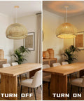 Natural Bamboo Pendant Light With Handwoven Wicker Lampshade And Wood Canopy Eco Friendly Ceiling Fixture in dining room on-off