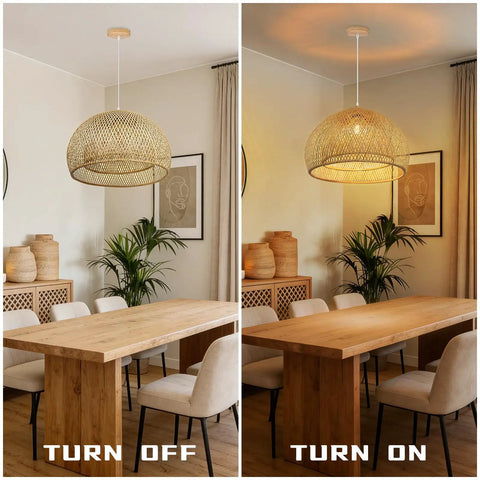 Natural Bamboo Pendant Light With Handwoven Wicker Lampshade And Wood Canopy Eco Friendly Ceiling Fixture in dining room on-off