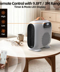 Portable Indoor Space Heater with Remote and LED Display on a table, showing fan mode and timer, white color, home use