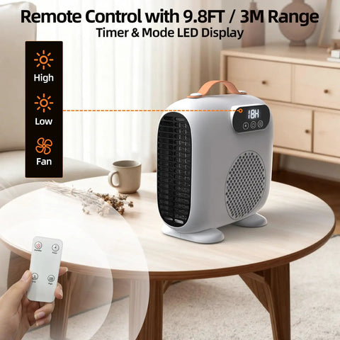 Portable Indoor Space Heater with Remote and LED Display on a table, showing fan mode and timer, white color, home use