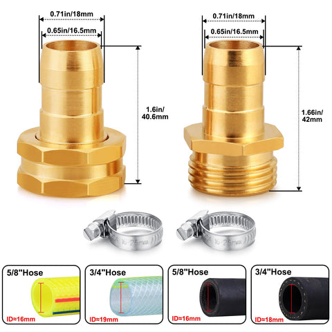 Garden Hose Repair Kit With Clamps For Three Quarter Or Five Eighth Brass Hoses Includes Two Male And Two Female Connectors Four Stainless Steel Hose Clamps Extra Gaskets Replacement Fittings Durable Brass Construction For Easy No Hassle Quick Fix