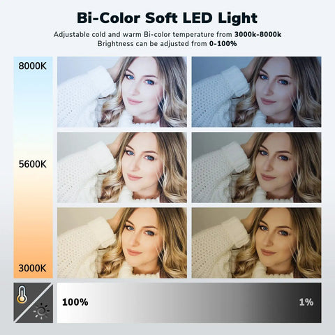 Image demonstrating Bi Color LED Video Light Panel 15.4 Inch Two Pack 45W 3000K to 8000K shades with a model portrait