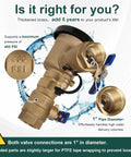 Front view of brass 1-inch pressure vacuum breaker backflow preventer with blue-handled valves for irrigation