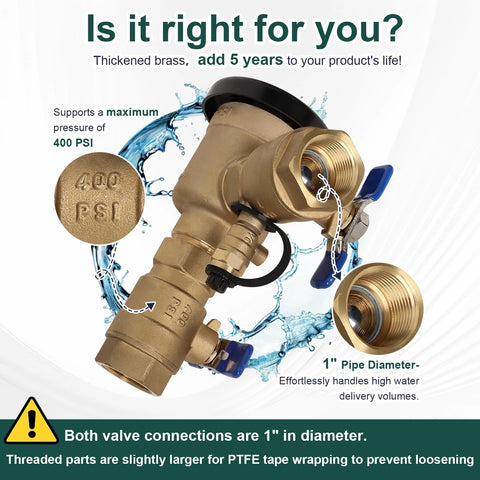 Front view of brass 1-inch pressure vacuum breaker backflow preventer with blue-handled valves for irrigation