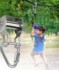 Outdoor Zip Line Conversion Kit With Smooth Glide Pulley System For Backyard Fun showing child using zip line in park