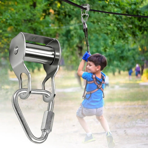 Outdoor Zip Line Conversion Kit With Smooth Glide Pulley System For Backyard Fun showing child using zip line in park