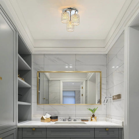 Dope Crystal Semi Flush Mount Ceiling Light With Three Lights, Modern Chrome Finish Crystal Chandelier in bathroom setting
