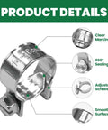 24 Piece Small Fuel Injection Hose Clamps Assortment Kit For Quarter Inch Five Sixteenth Inch And Three Eighth Inch ID Fuel Lines Adjustable Tube Clips For Auto Farm And Plumbing Use Clear Storage Box Included with close-up on clamp features like adjustable screws and smooth surface.