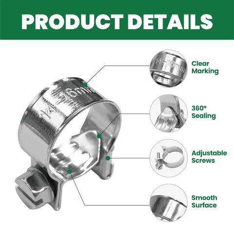 24 Piece Small Fuel Injection Hose Clamps Assortment Kit For Quarter Inch Five Sixteenth Inch And Three Eighth Inch ID Fuel Lines Adjustable Tube Clips For Auto Farm And Plumbing Use Clear Storage Box Included with close-up on clamp features like adjustable screws and smooth surface.