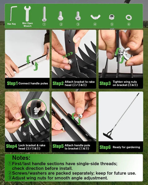 Assembly guide for 15 Inch Heavy Duty Dethatching Rake With Adjustable Long Handle Metal Turf Rake For Grass And Lawn Cleanup