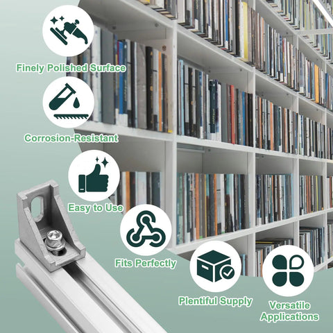 Pro Level 4040 Series Aluminum Extrusion Profile Connector Kit Featuring Hella Sturdy Corner Brackets With M8 T Slot Sliding Nuts And Hex Bolts on a library shelf.