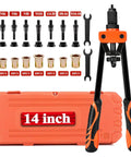 Top Shelf 14 Inch Heavy Duty Rivet Nut Tool With Easy Change Mandrels And Nose Pieces Perfect For Tight Spots Includes 70 Rivnuts Plus Metric And Sae Sets In A Sturdy Carrying Case showing 14 inch hand riveter kit