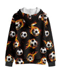 Boys Flame Soccer Print Full Zip Hoodie for Winter Running and Morning Recess, showcasing fiery soccer ball design