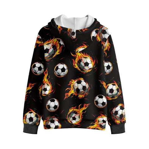 Boys Flame Soccer Print Full Zip Hoodie for Winter Running and Morning Recess, showcasing fiery soccer ball design