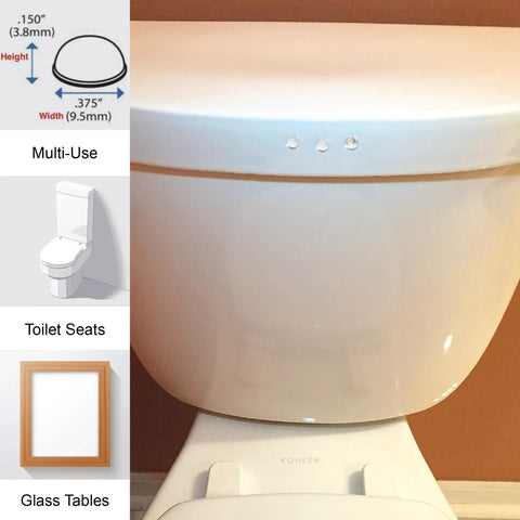 Clear Soft Close Drawer Cabinet Door Bumpers 9.5mm Diameter By 3.8mm Thick Self Adhesive Transparent Rubber Pads shown on toilet lid