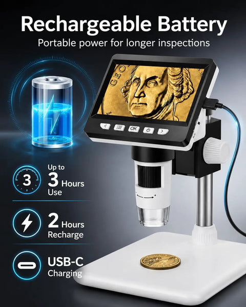 Coin Microscope 1000X With 4 3 Inch LCD Screen For Error Coins And Mint Marks For Coin Nerds 1080P USB Microscope With 8 Adjustable LEDs Photo And Video Capture Built In Storage Works With Windows And Mac. Rechargeable coin microscope with LCD, USB-C charging, and base stand