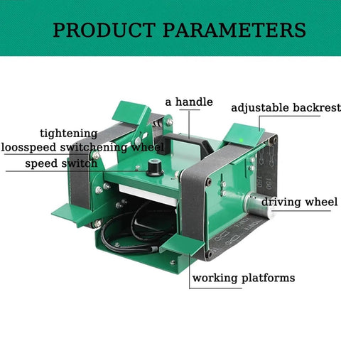 Robust 1850 Watt Dual Head Bench Grinder And Belt Sander Station With Adjustable 12000 Rpm Motor And Twenty Premium Abrasive Belts close-up of parts including handle and speed switch.