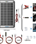 12V Solar Car Battery Charger With MPPT Controller 15W Trickle Maintainer, measurements, cables, and accessories shown