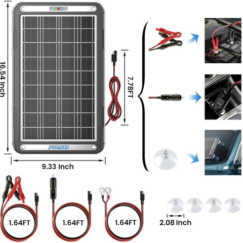 12V Solar Car Battery Charger With MPPT Controller 15W Trickle Maintainer, measurements, cables, and accessories shown
