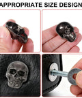 Badass Skull Rivet Studs With Screws In Silver Gray Finish, detailed images showing size and application on leather crafts.