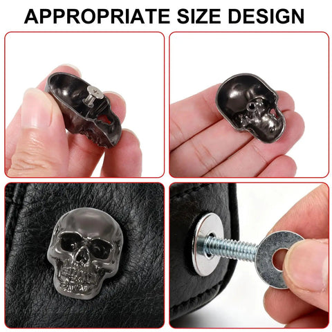 Badass Skull Rivet Studs With Screws In Silver Gray Finish, detailed images showing size and application on leather crafts.