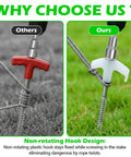 Comparison of red and white hooks on grass for 12 Pack 8 Inch Heavy Duty Screw In Tent Stakes Glow In The Dark Ground Anchors