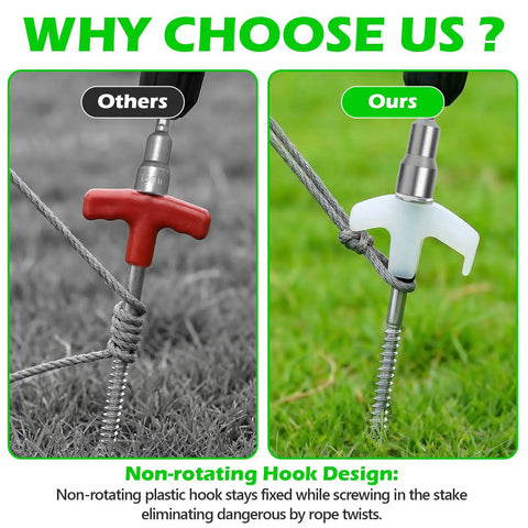 Comparison of red and white hooks on grass for 12 Pack 8 Inch Heavy Duty Screw In Tent Stakes Glow In The Dark Ground Anchors