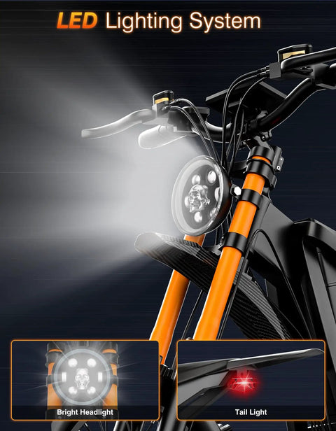 LED lighting system on All Terrain Electric Dirt Bike For Adults And Teens With 4500W Peak Motor, 40 MPH Top Speed, 100 Mile Range