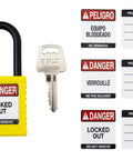 Six Pack Yellow Keyed Alike Lockout Padlocks With Key Retaining Brass Cylinders For OSHA Safety Compliance with key and labels