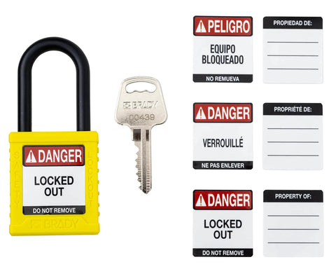 Six Pack Yellow Keyed Alike Lockout Padlocks With Key Retaining Brass Cylinders For OSHA Safety Compliance with key and labels