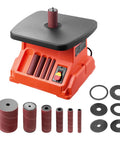 Heavy Hitter Benchtop Oscillating Spindle Sander With 2400 RPM Drive And Six Quick Change Sleeves, showing sander and various sleeves.