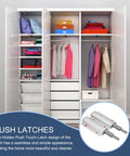 Open wardrobe with visible clothes and storage, featuring inset of Magnetic Push Latches 4 Pack Double Push To Open Hidden Cabinet Touch Latches for Cabinets Drawers Kitchen and Wardrobe Doors Silver Finish No Hassle Great For Home Organization Easy Install Reliable Magnetic Release Keeps Doors Secure and Quiet.